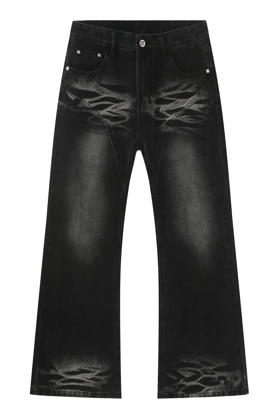 Dark wash flare jeans with distressed detailing and stitch accents.