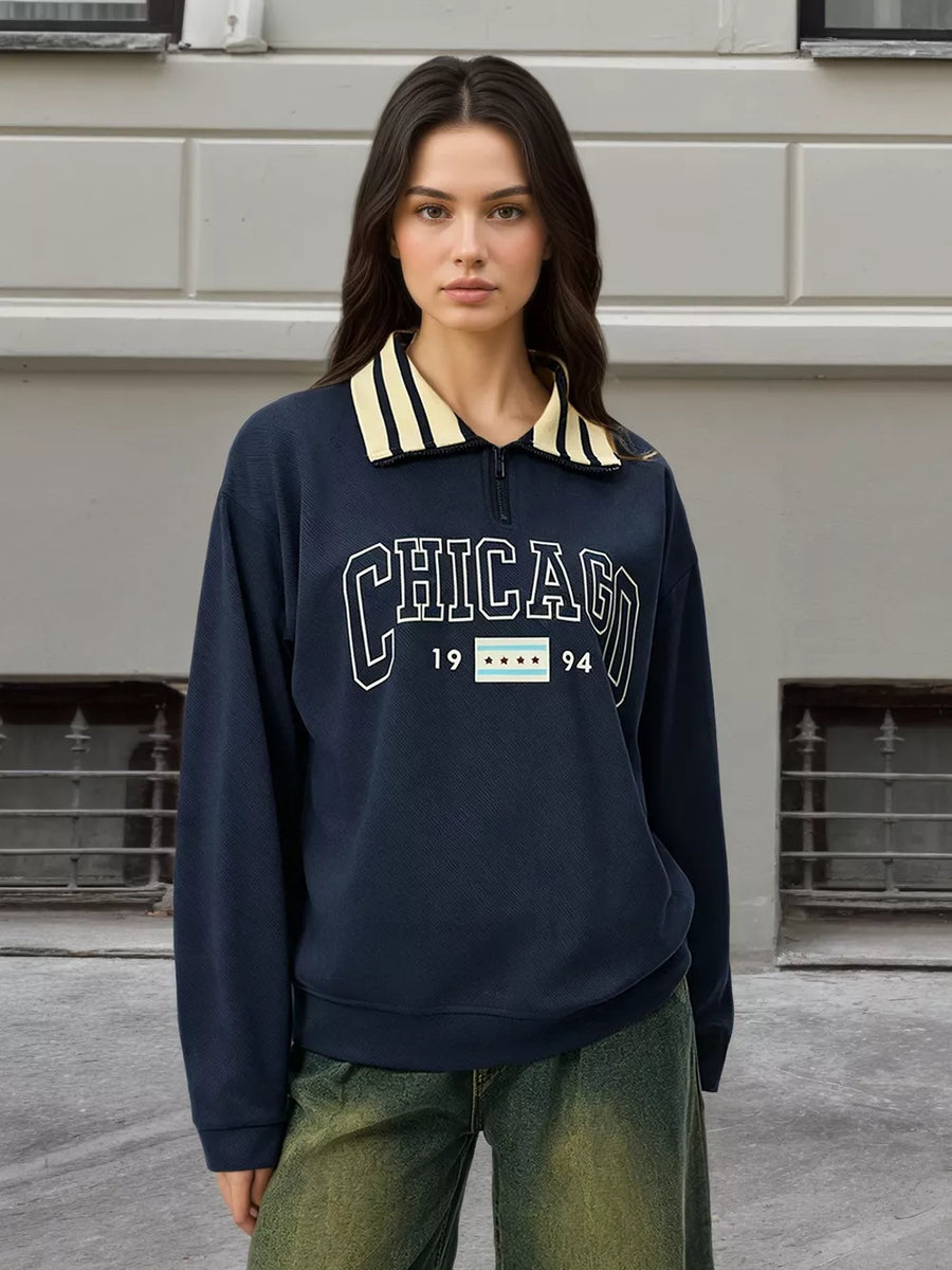 Striped Collar Letter Graphic Sweatshirt option 3