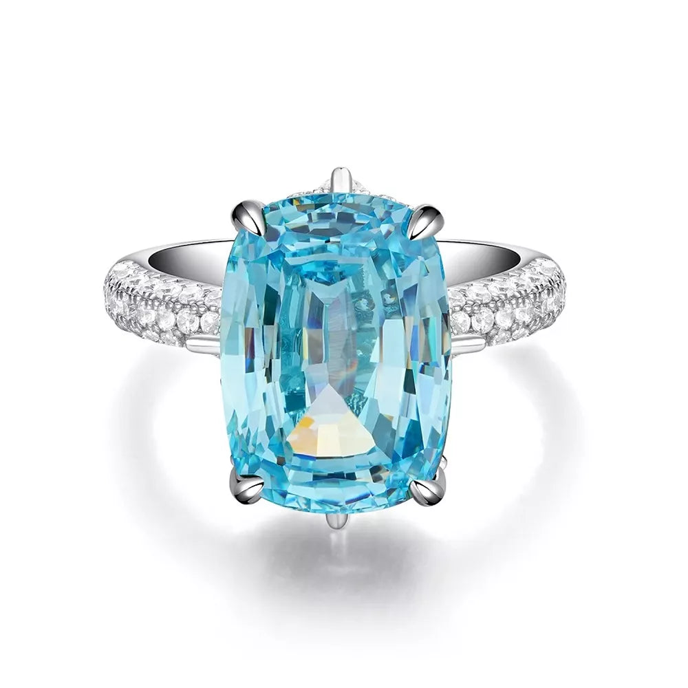 925 Sterling Silver Cocktail Ring in aqua blue with zircon stone