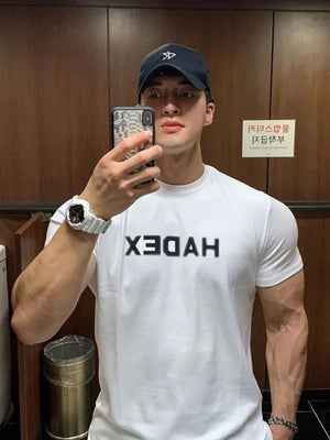 White crewneck t-shirt with reversed bold black graphic text on chest