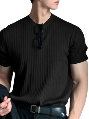 Black ribbed crewneck tee with short sleeves and a textured knit.