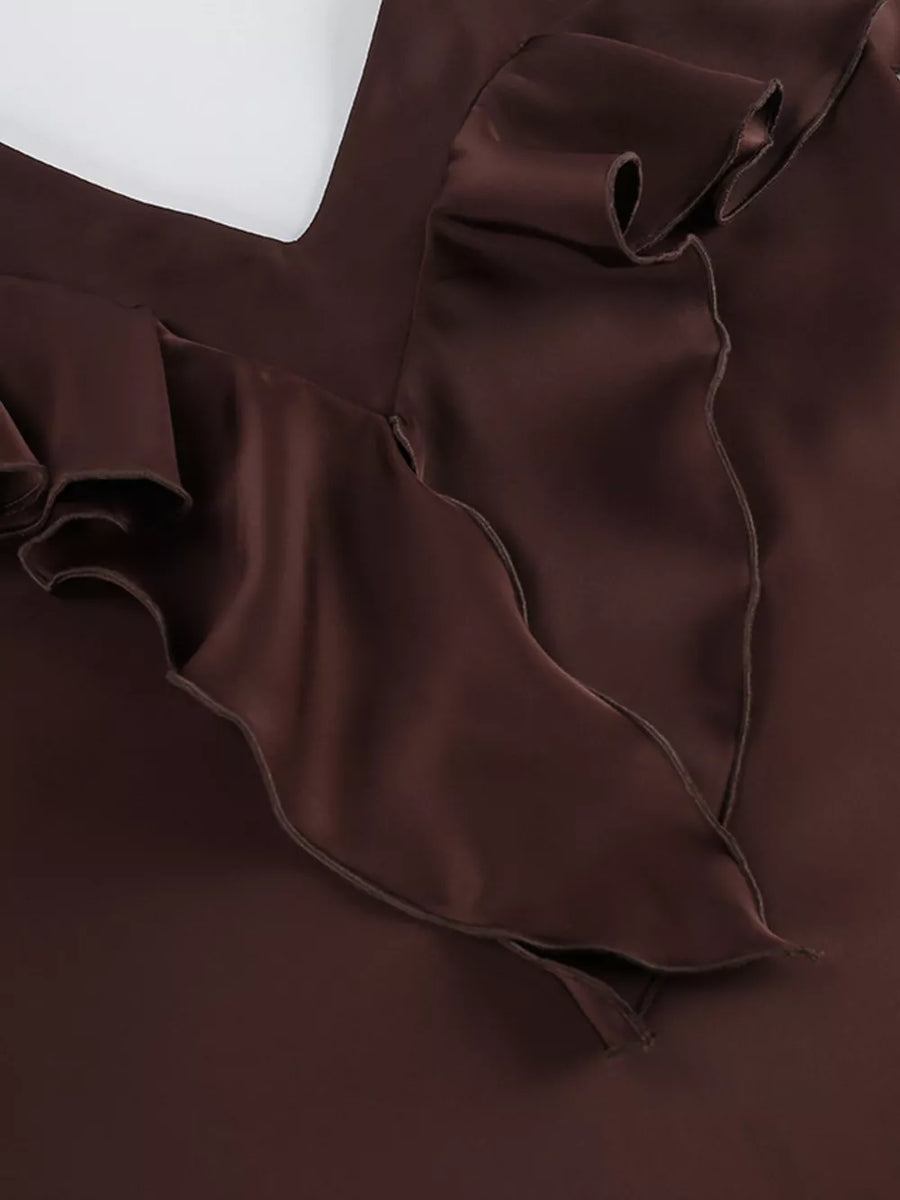 Ruffle V-neck Cami And Wide-leg Pants Set in chocolate brown