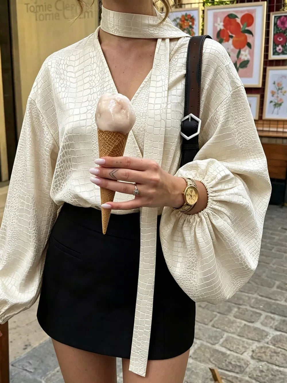 ivory blouse with crocodile-embossed and surplice
