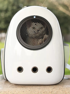 White pet carrier backpack with bubble window and ventilation holes