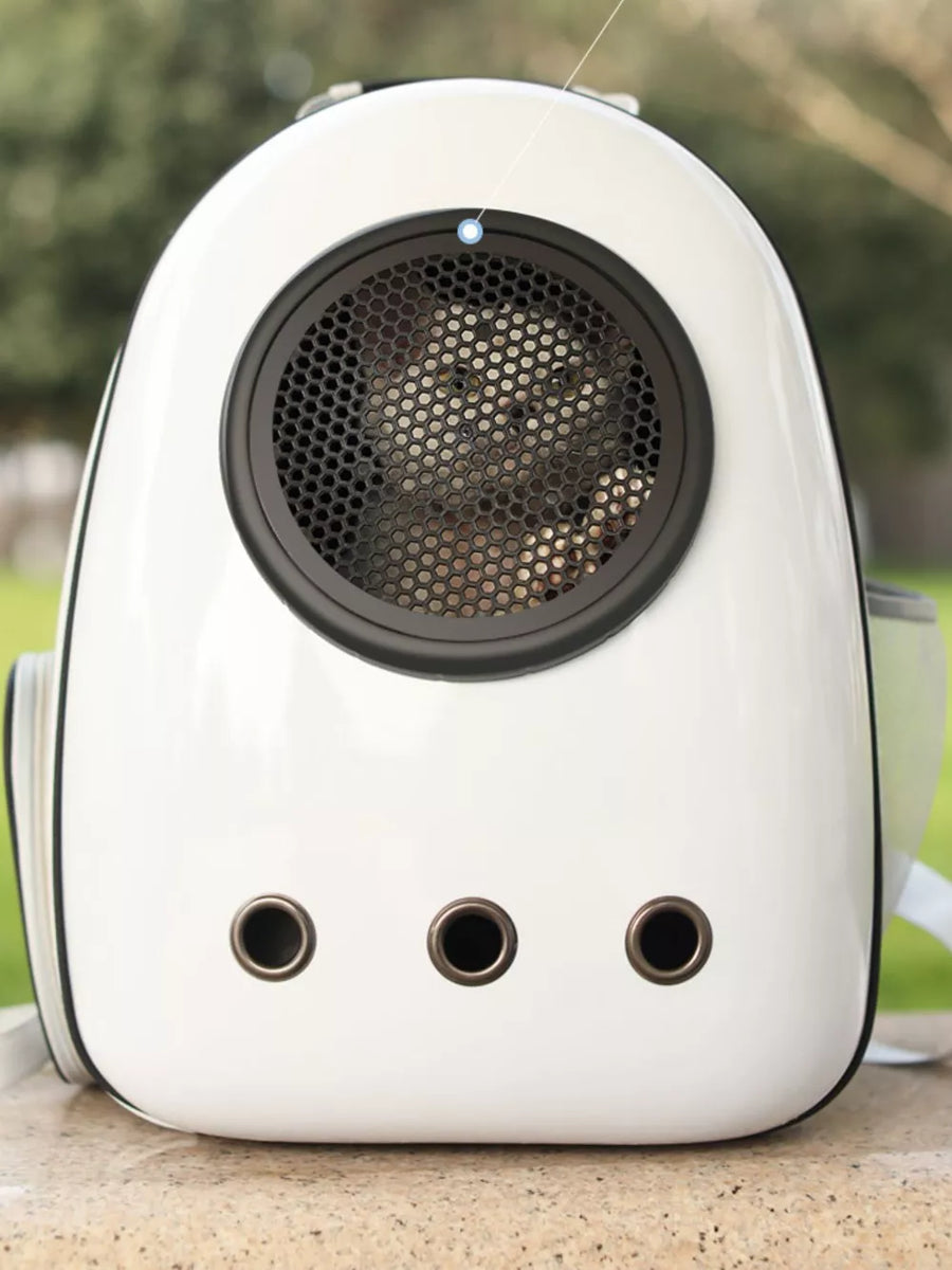 White pet carrier backpack with bubble window and ventilation holes