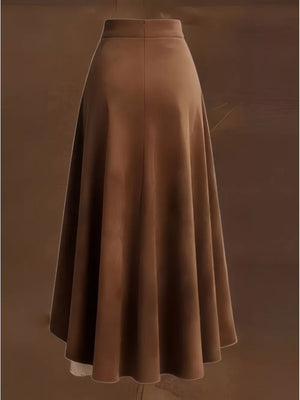 Brown midi skirt with asymmetrical ruffled hem and delicate lace trim.
