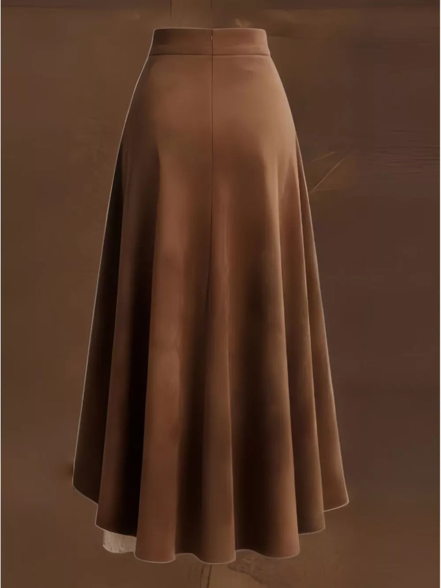 Brown midi skirt with asymmetrical ruffled hem and delicate lace trim.