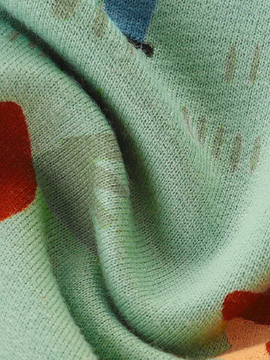 Toddler cotton knit set in mint green with whimsical farm animal print and textured detail.