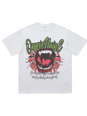 White 100% cotton oversized t-shirt with bold graphic of open mouth with fangs and text.