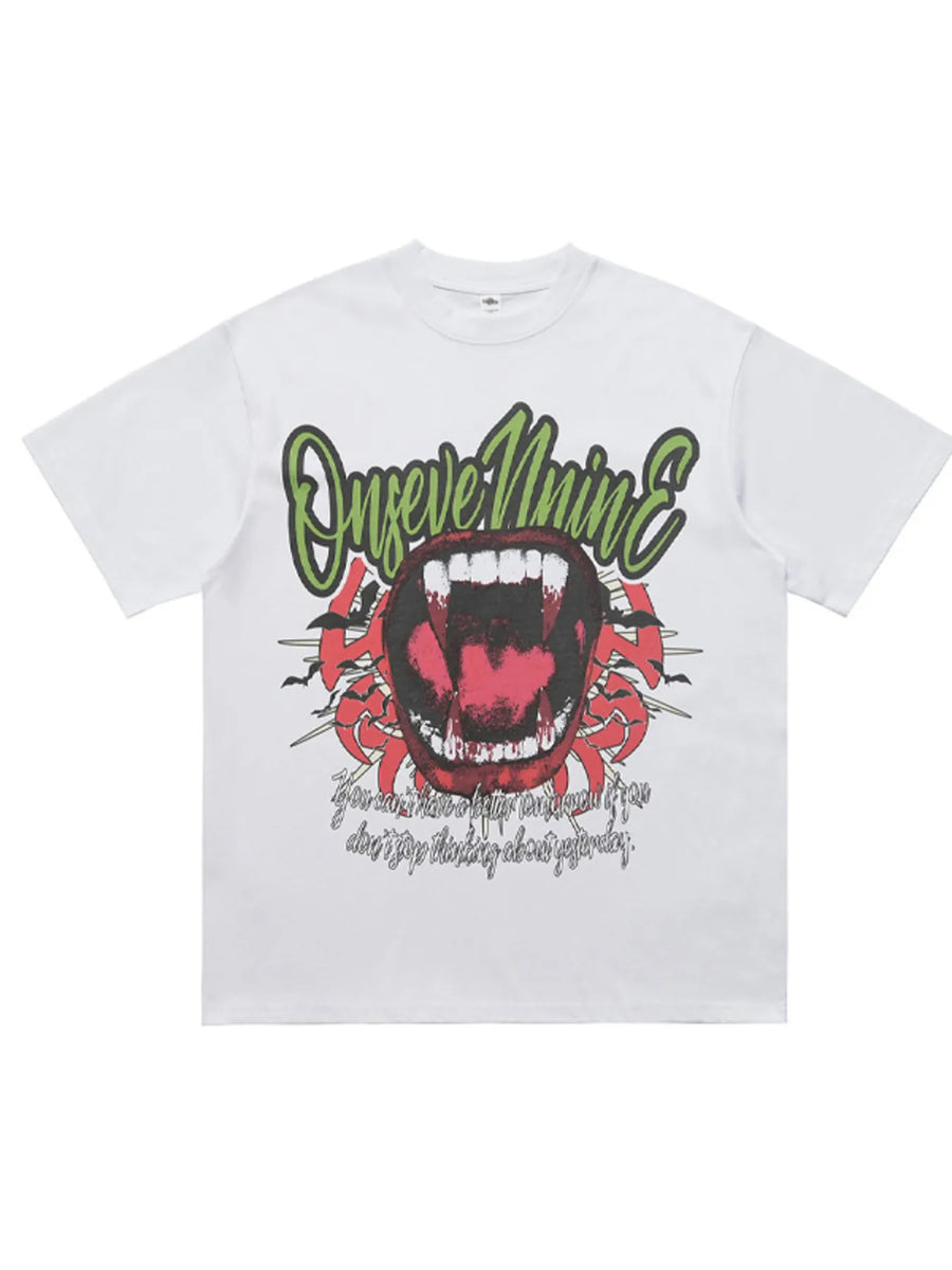 White 100% cotton oversized t-shirt with bold graphic of open mouth with fangs and text.