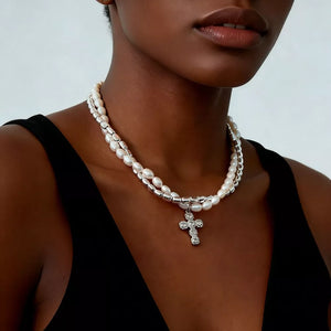 Gold with Elegant Pearl Alloy Necklace With Rhinestone Cross Pendant in Gold