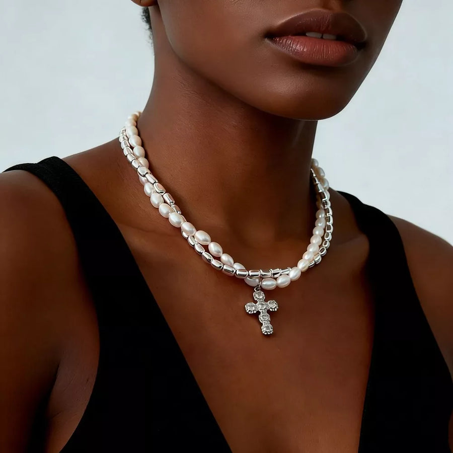 Gold with Elegant Pearl Alloy Necklace With Rhinestone Cross Pendant in Gold
