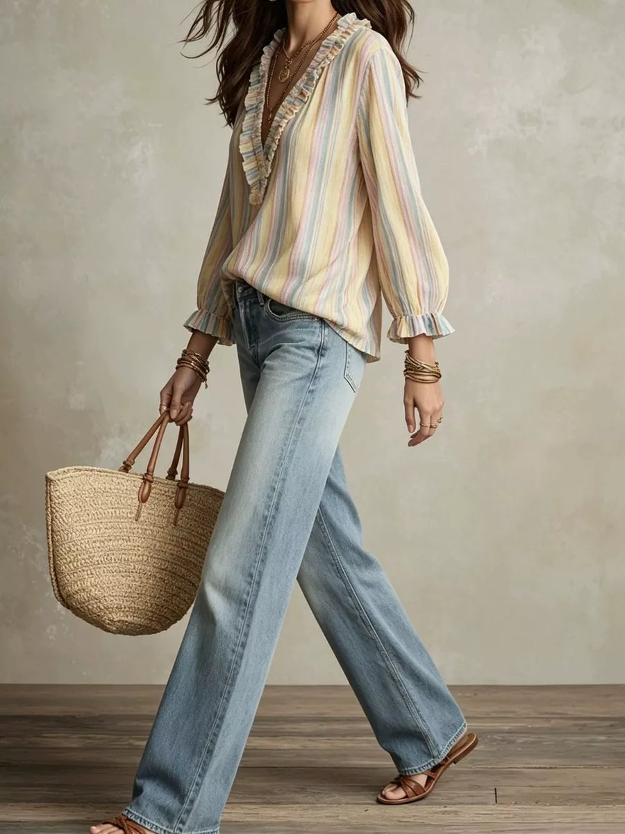 blouse in light pink with striped and ruffled