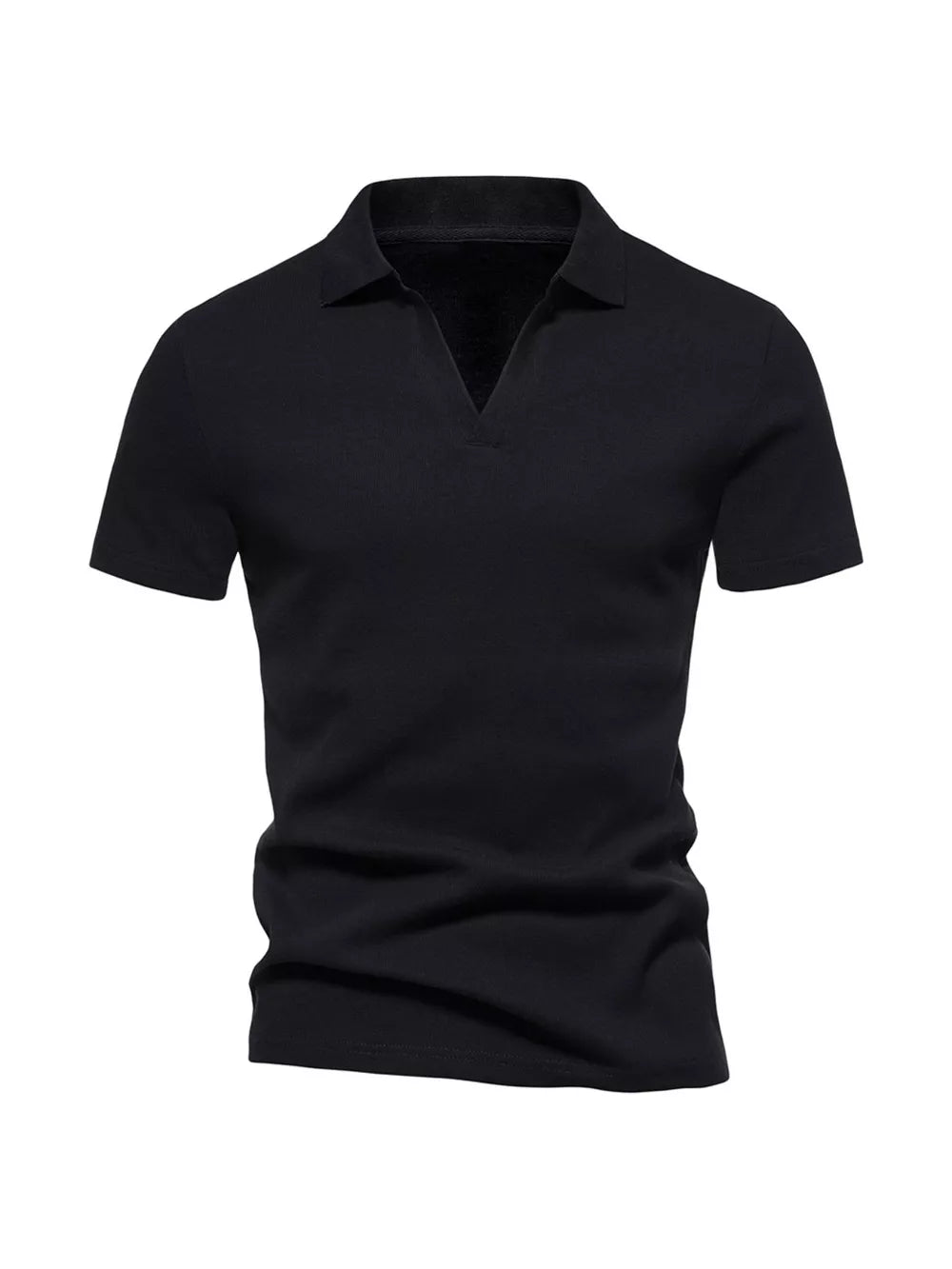 Black cotton blend men's casual polo shirt with notched collar and short sleeves.