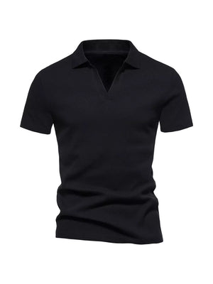 Black cotton blend men's casual polo shirt with notched collar and short sleeves.