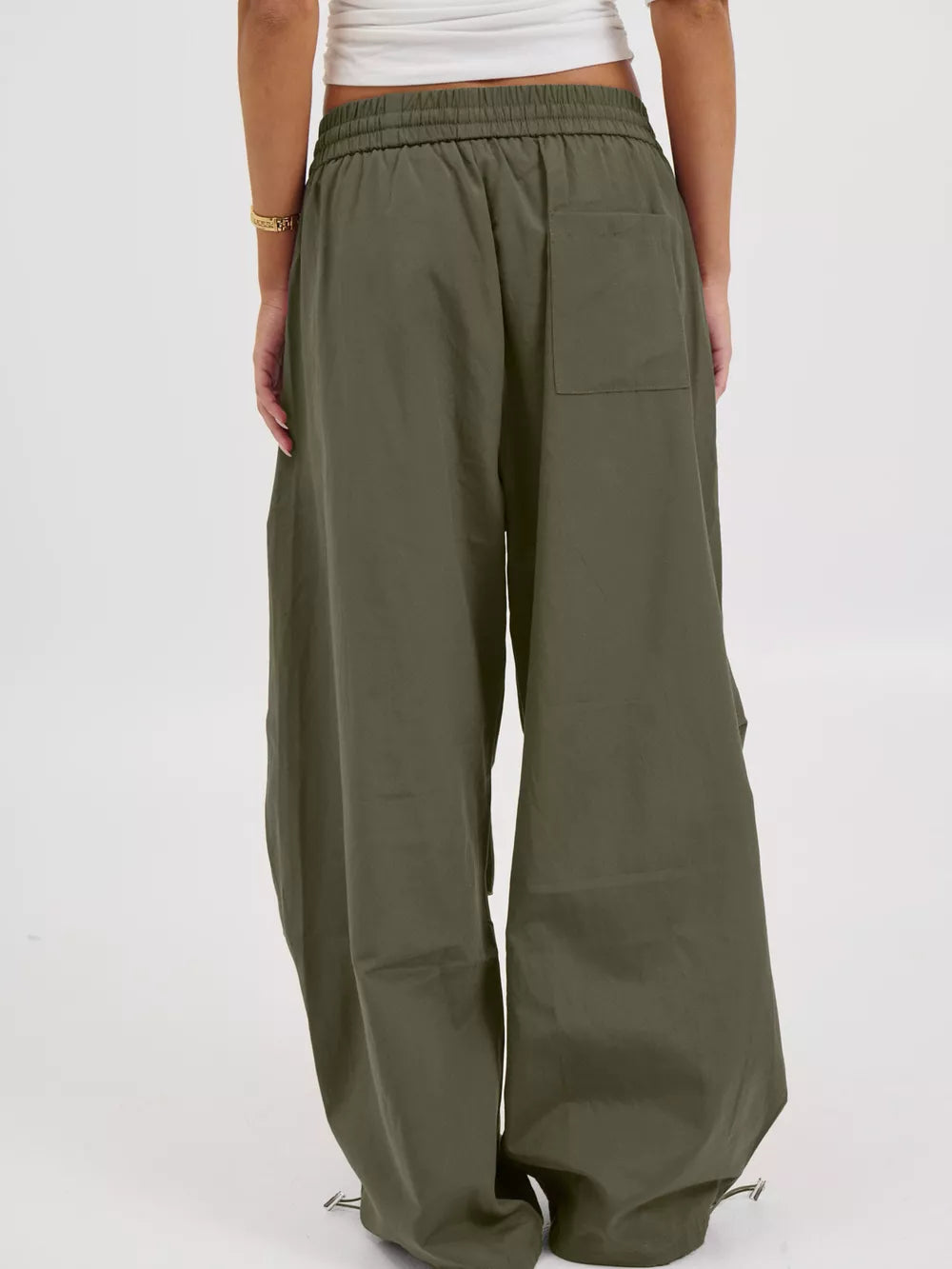 olive wide-leg pants with full-length and drawstring
