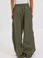 olive wide-leg pants with full-length and drawstring