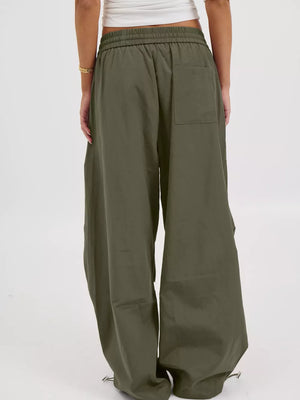 olive wide-leg pants with full-length and drawstring