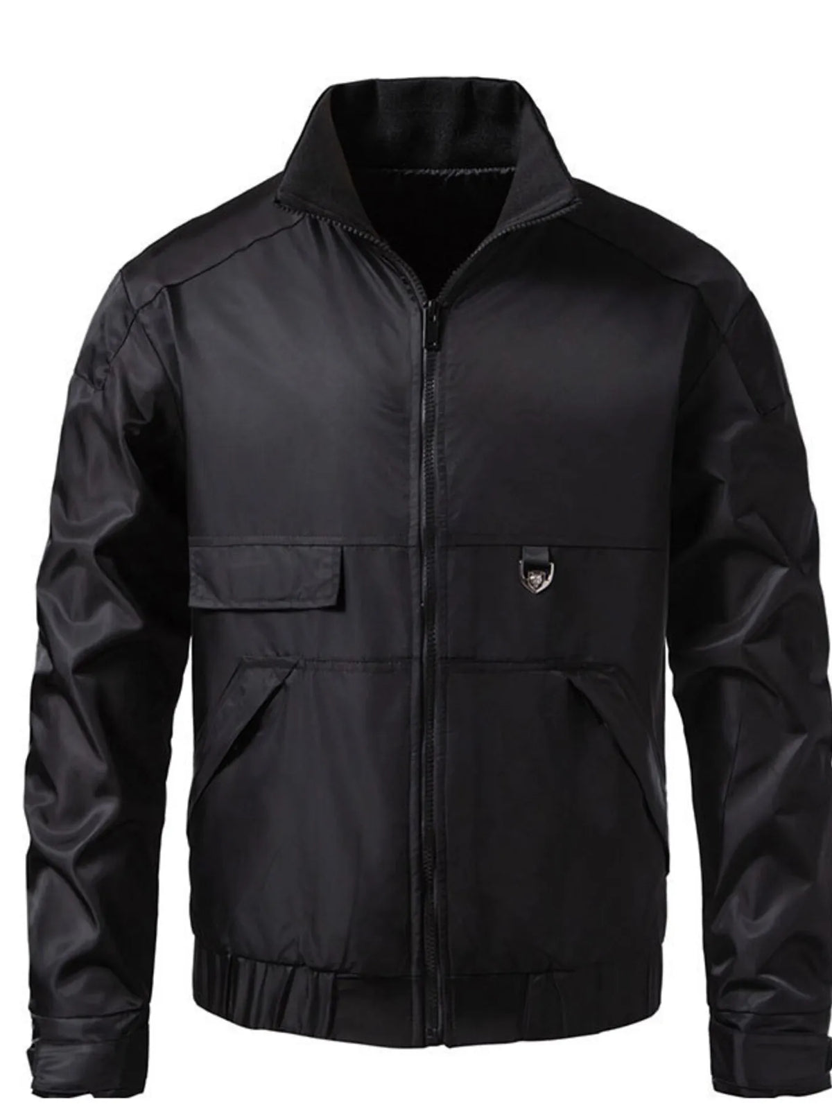 Men's black lightweight zip up track jacket with chest pockets and silver hardware detail.