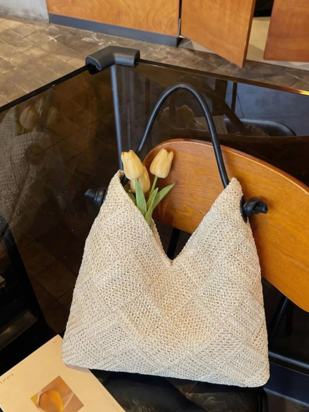 Cream White Woven Straw Shoulder Bag