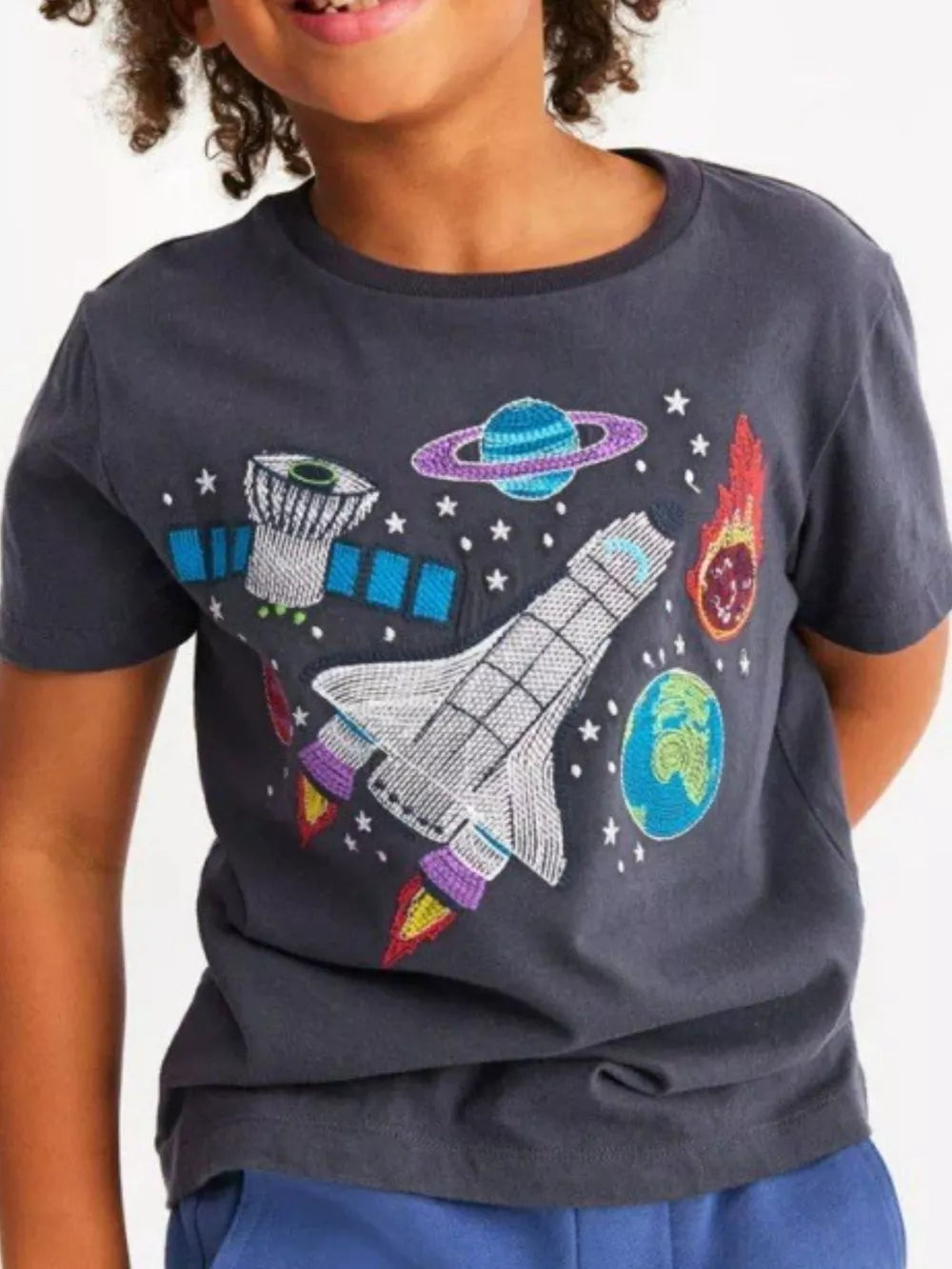 Toddler t-shirt in charcoal grey cotton with embroidered space shuttle, planet, satellite, and comet graphic.