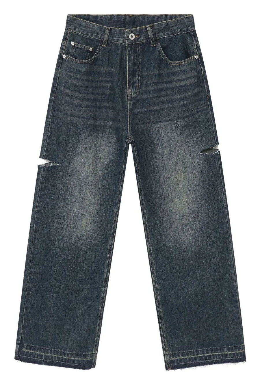 Baggy dark navy denim jeans with distressed knee slits and raw hem.