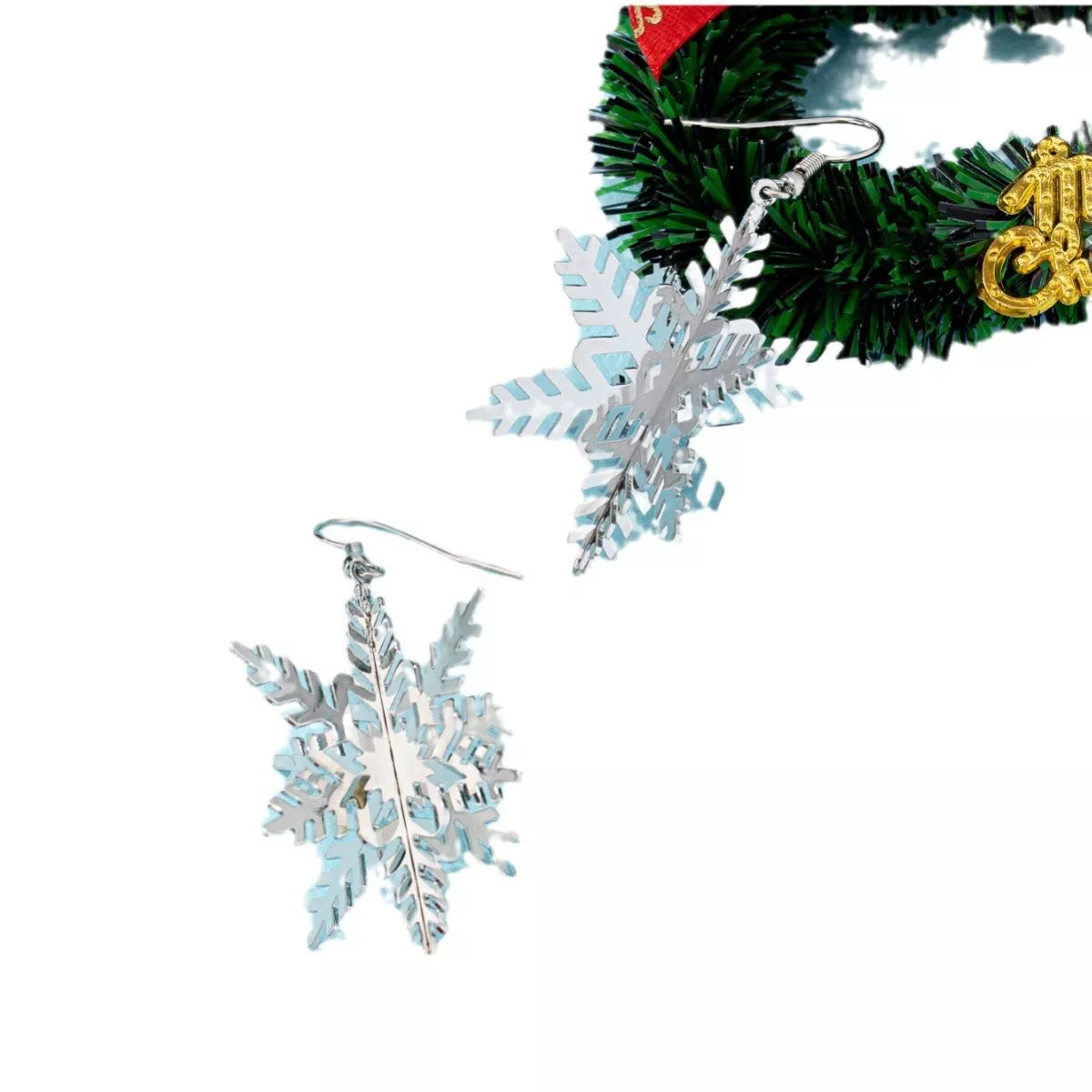 Festive snowflake dangle earrings, 18K gold-plated, silver and blue.