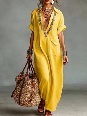 Full Size Bohemian Embroidered Maxi Dress in Yellow
