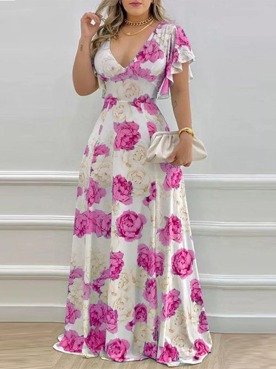 Floral V-neck maxi dress with ruffle sleeves in Fuchsia Pink, flowing skirt.
