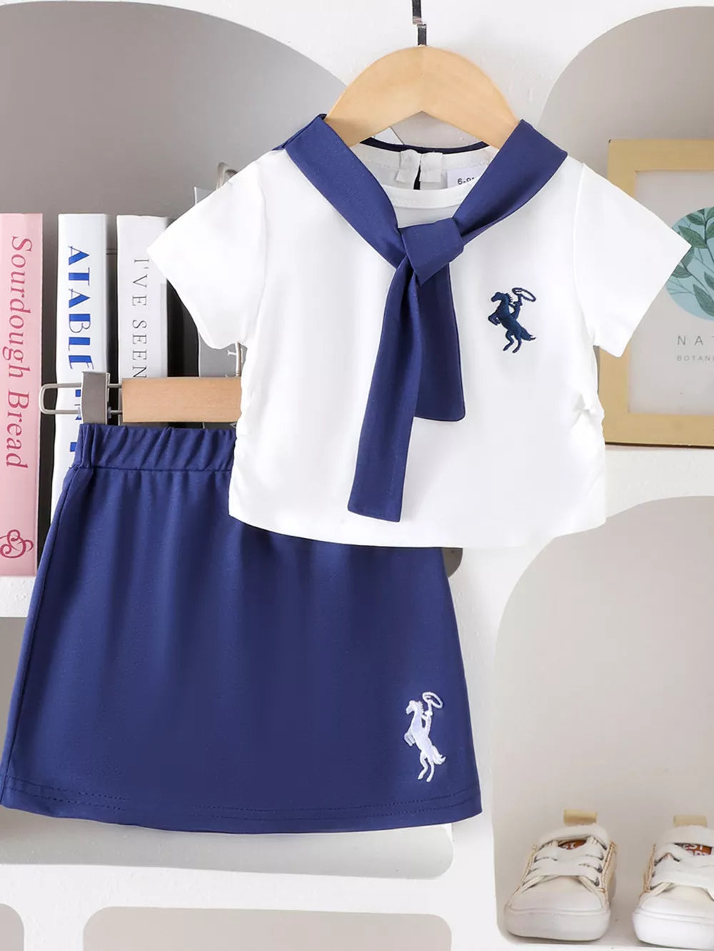 Children's Sailor Collar Embroidered Tee And Skirt Set in White