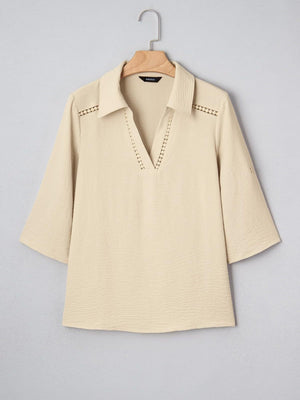 Apricot crinkled texture shirt with Johnny collar and cutout detail