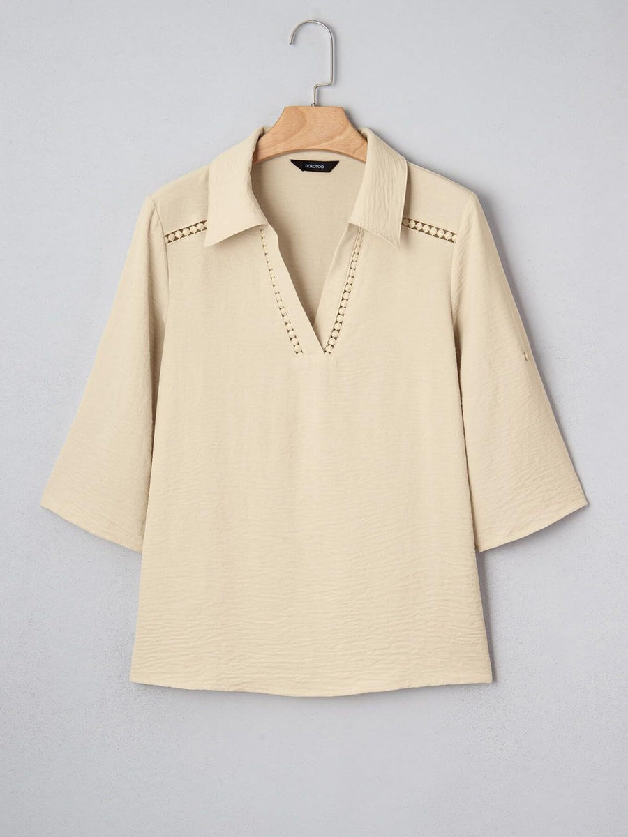 Apricot crinkled texture shirt with Johnny collar and cutout detail