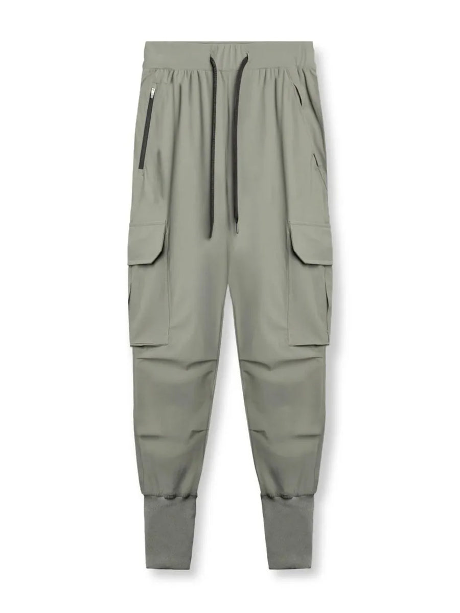 Sage technical cargo joggers with zip pockets and ribbed cuffs