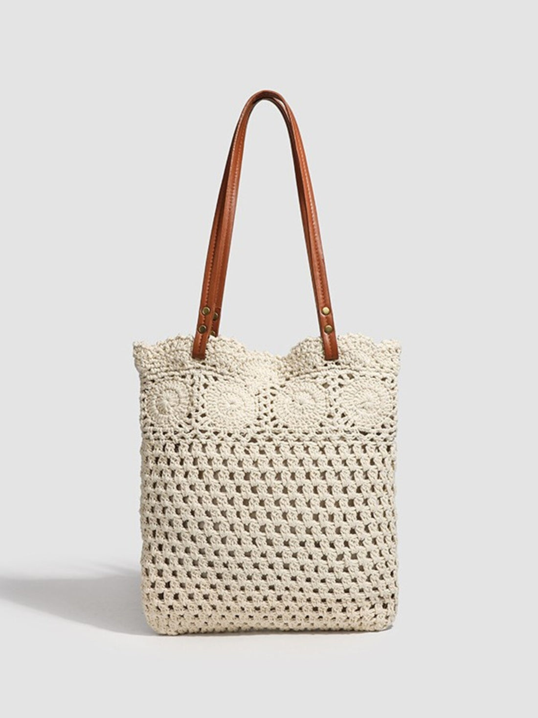 tote in cream featuring crochet knit and straight fit