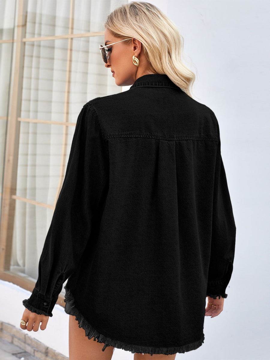 Black denim shirt with sequin embellishments, long sleeves, and frayed hem.