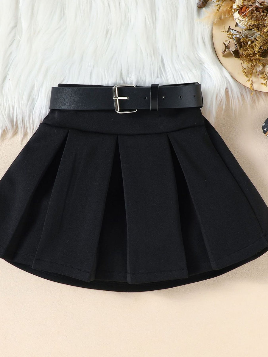 Black pleated skirt with a black belt and silver buckle