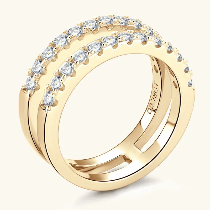 Gold double band ring with pavé set diamonds and engraved detail