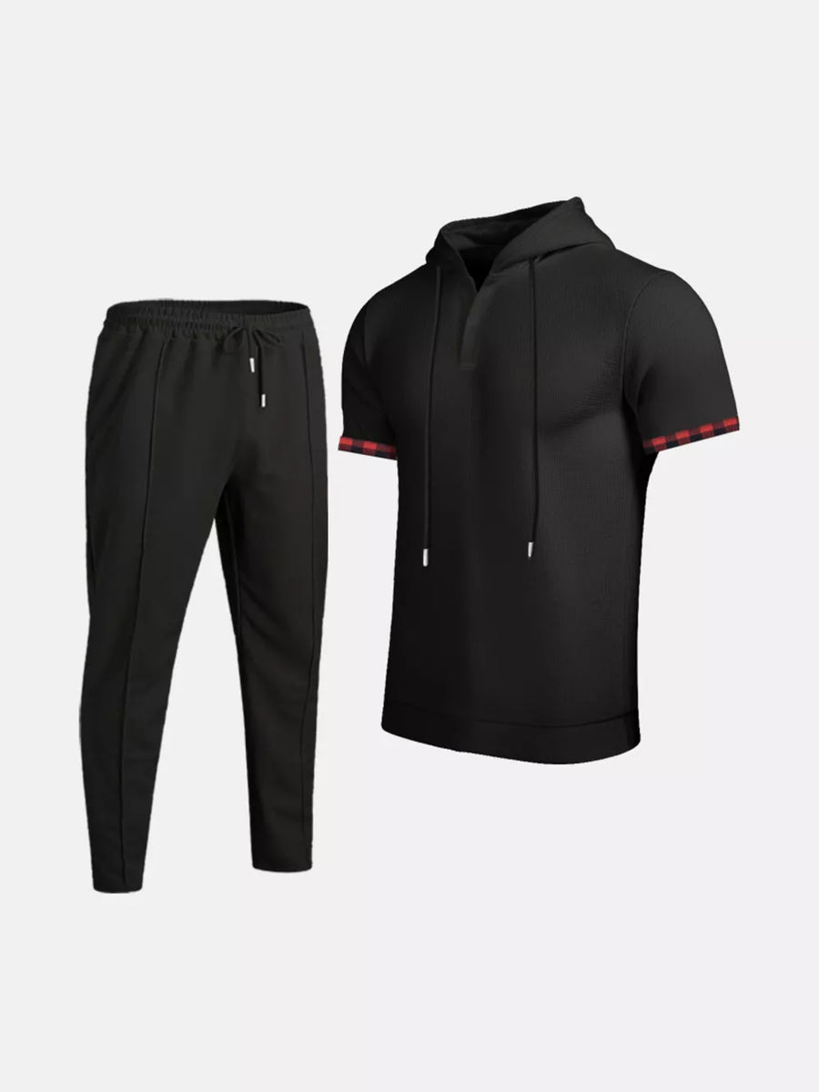 Black Men's Casual Short-sleeve Hoodie And Pants Set