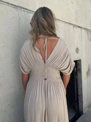 Apricot V-neck maxi dress with dolman sleeves and smocked waist detail