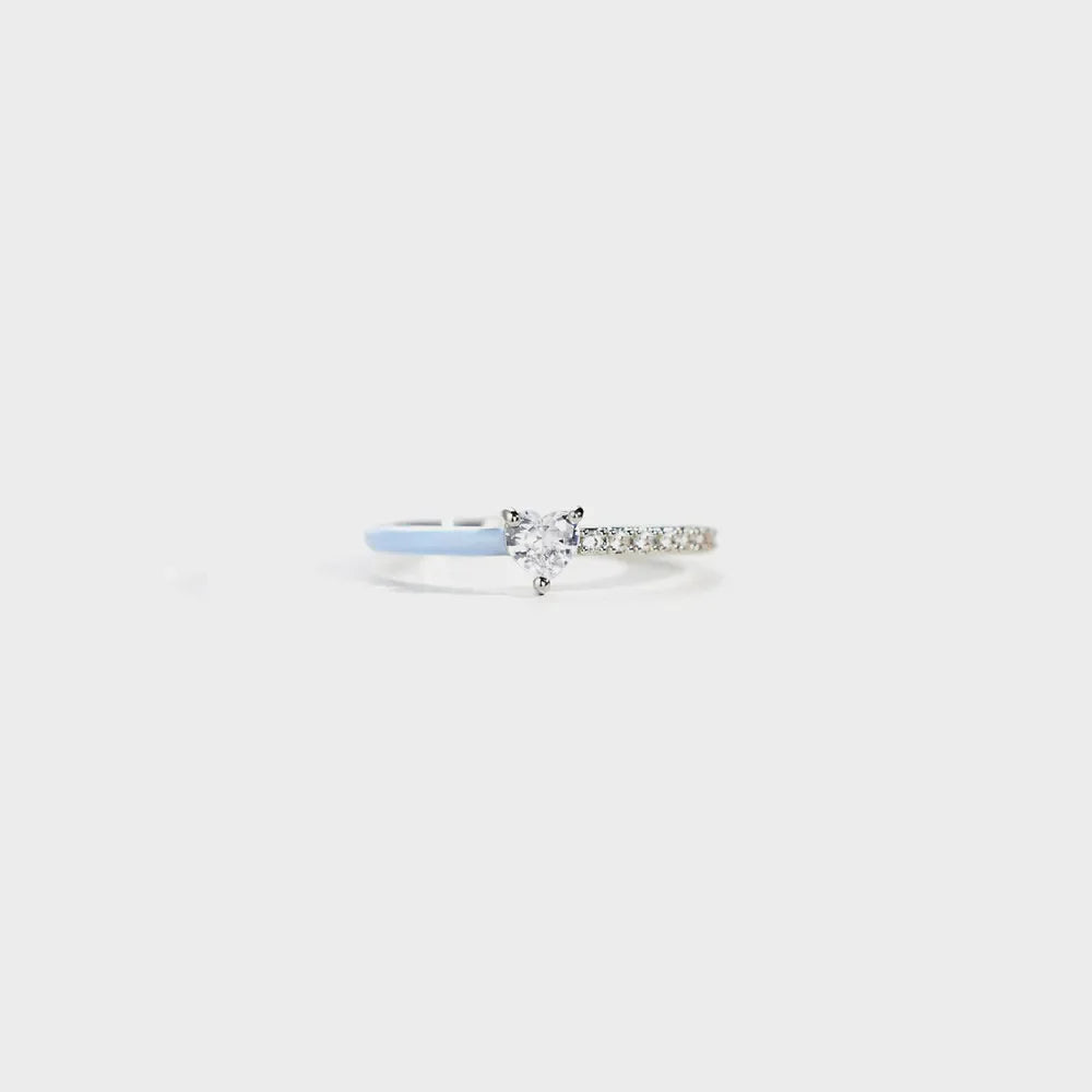 Light blue enamel heart ring with pave band in sterling silver