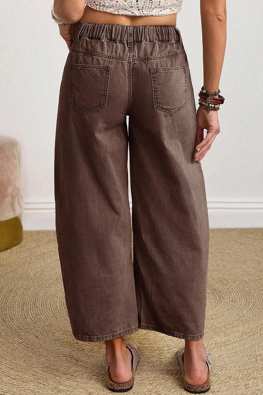 Solid Color Square Patch Pocket Barrel Jeans option 5