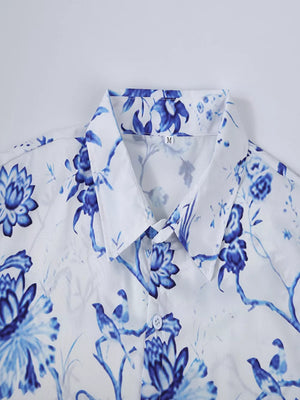 Men's Full Size Floral Print Button-down Shirt in Dark Blue