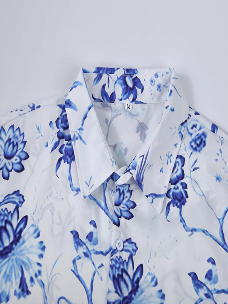 Men's Full Size Floral Print Button-down Shirt in Dark Blue