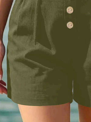 Button Fly High Waist Shorts in Army Green