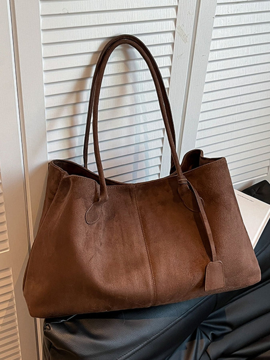 Suede Imported Size &amp tote in chocolate brown with relaxed silhouette