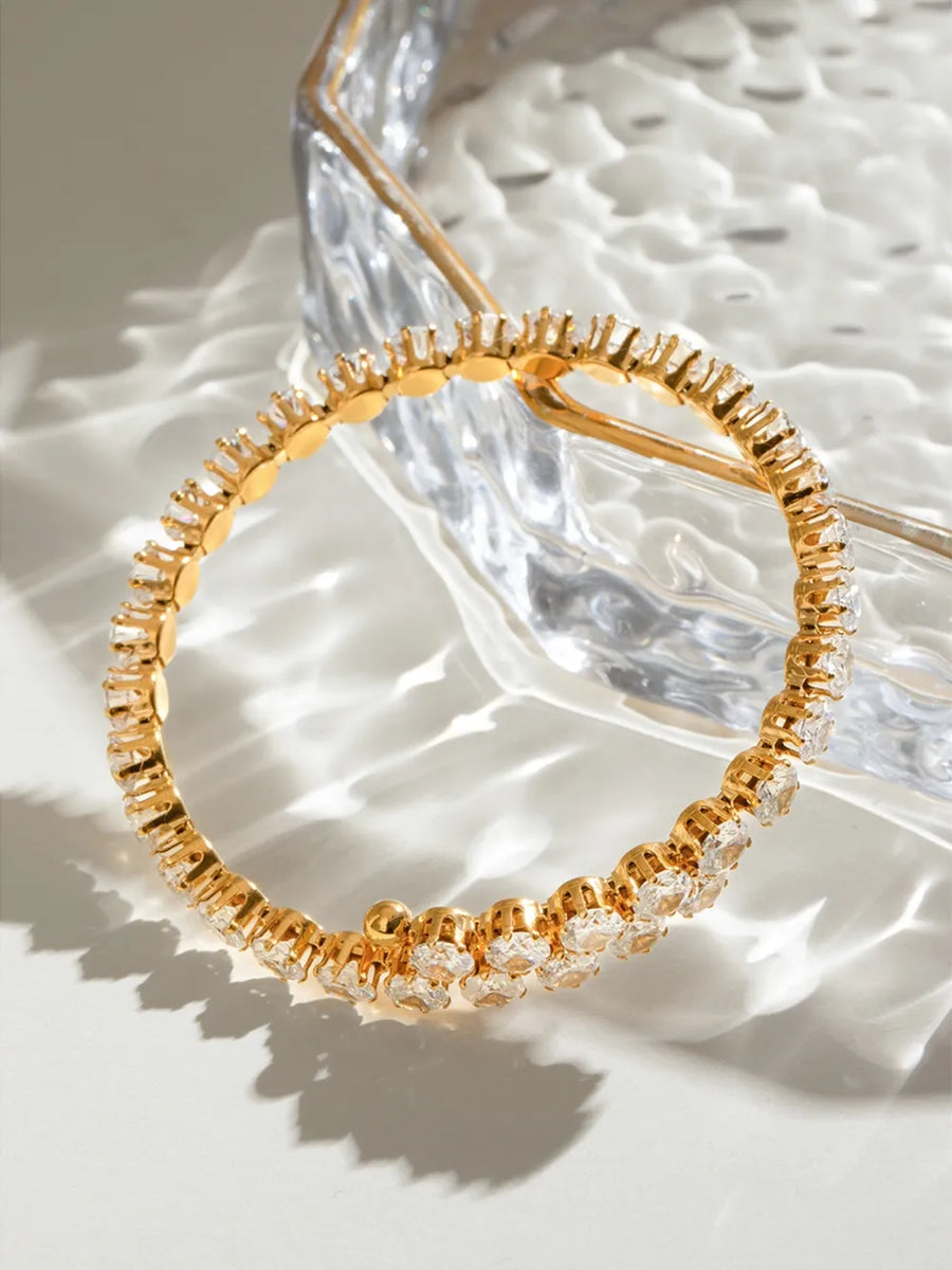 Gold double row pavé bangle bracelet with clear stones