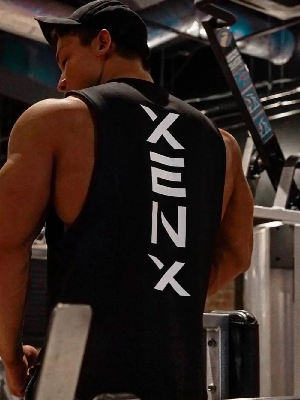 Black athletic tank top with white Kanji graphic on back