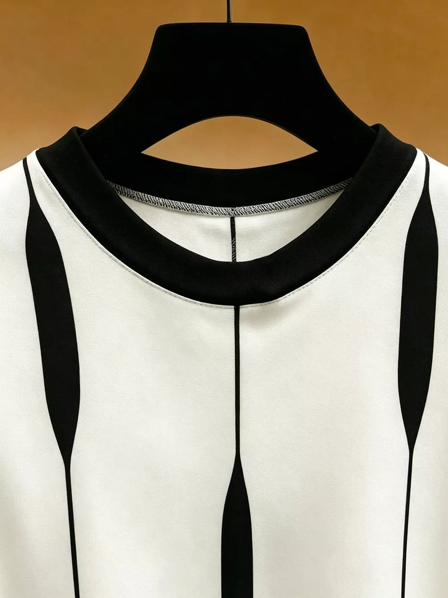 White with Contrast Vertical Stripe Long Sleeve Blouse