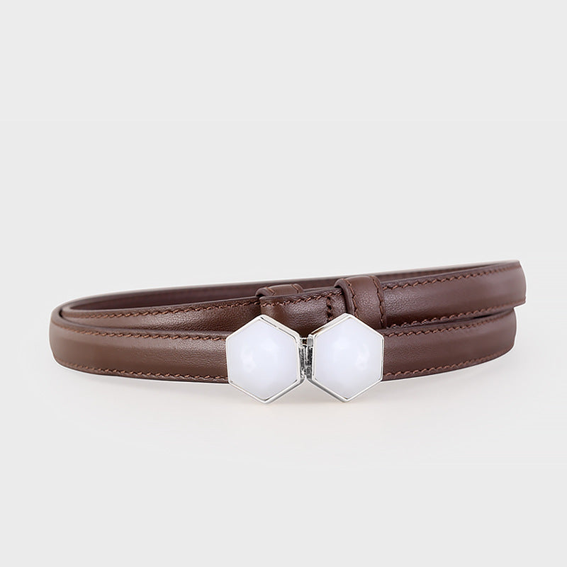 Brown cowhide leather belt with a geometric white buckle