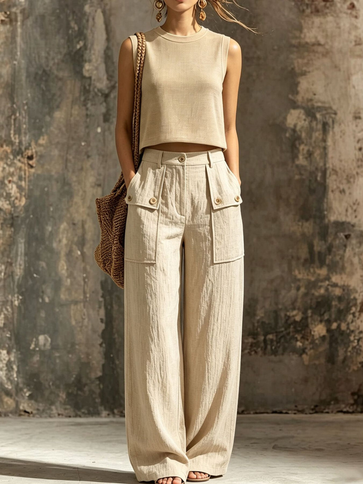 crop top and cargo pants set in beige featuring sleeveless and relaxed fit